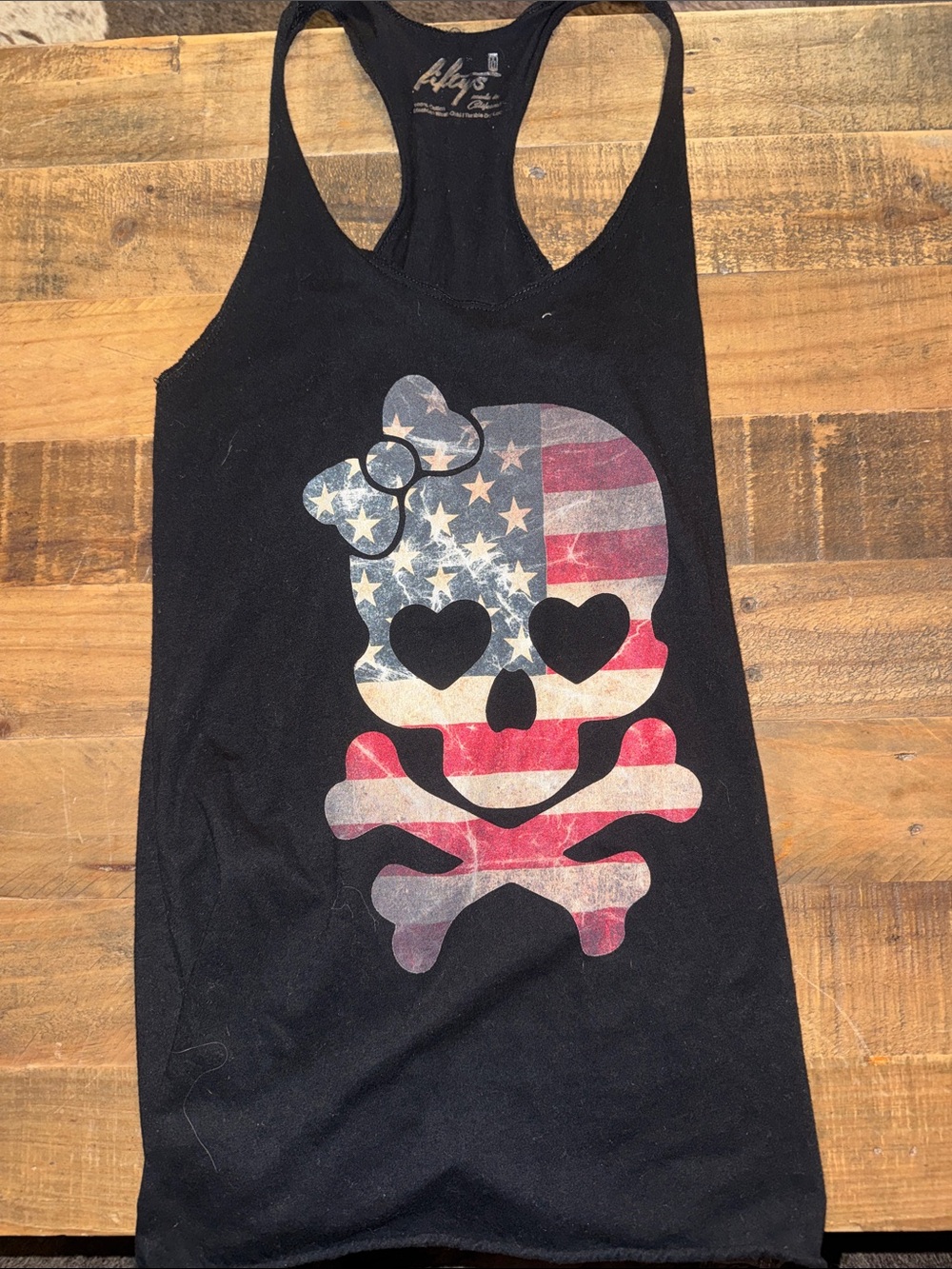 Black Graphic Skull Tank Top with American Flag Print - Kids